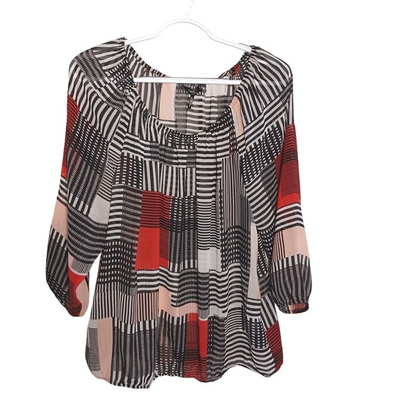 Daisy Fuentes Tops - Daisy Fuentes 3/4 Sleeve Pullover Sheer Blouse Red ColorBlock Pattern Womens L